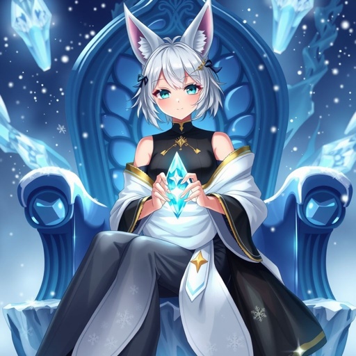(Genshin Impact based) Teenage girl bearing a Cryo Vision with fair skin and vibrant aqua green eyes. Wearing royal black top with smokey grey trousers with a snow-white sheet of cloth loosely wrapped around her waist adorned with snowflakes and small golden decor. Slightly long medium length white hair with small fox ears. Sitting on an icy throne holding a small crystal