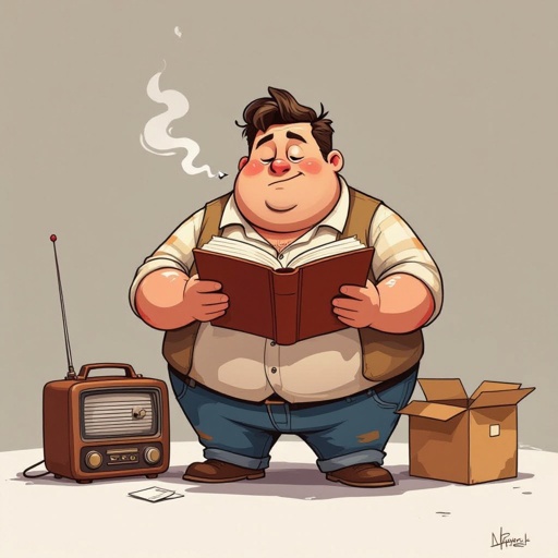 Create a funny fat guy who looks high is has a book box radio 