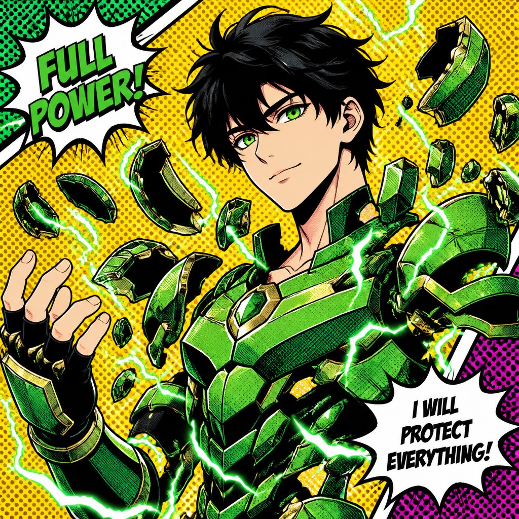 Anime male in his 20s part Asian part white pale skin black hair a little more on his right side one side a little in his face has a beauty mark on left side of face bright green eyes creates and can control technology, creates a armor suit with his technology power power is color green with a soft sweet smile has a nice green rectangle jewelry necklace with electricity around him kind hearted happy family and try saving people with his powers creating his suit by floating metal pieces