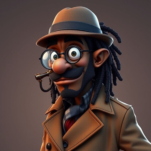 Create a funny serious fat character similar to Sherlock Holmes, but make him of black decent and with dread locks. Show his whole outfit including his shoes.