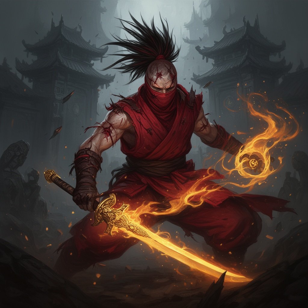 Ninja wearing red clothing, scar over left eye with medium length spiky haircut, holding a golden sword in one hand and a flame in the other
