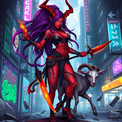 Bruja tiefling nivel 3 y druida 2 su color de piel es carmesi y tiene seis ojos como araña de xolor morado tiene su pelo lizo y morado mide 1.47cm y pesa 77kg . Lleva consigo una Scimitar y tiene poderes de fuego . Tiwne dos pares de cuernos , los primeros son de demonio y los otros dos son de ciervo , tiene patas de cordero en ves de las de humano