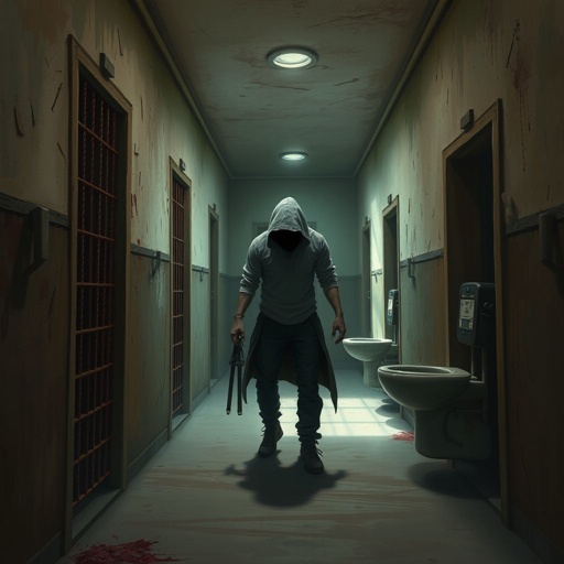 Create this background hall inside was dim, paint peeling in sheets. A metal door led to the cell block.  Six cells, all empty. A cracked toilet in each. Rusty bunks, stale air, dust everywhere. No character just background 
