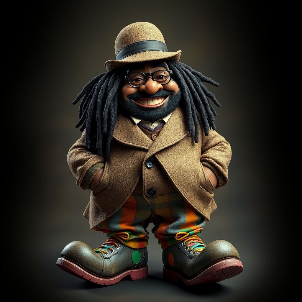 Create a funny fat character similar to Sherlock Holmes, but make him of black decent and with dread locks. Show his whole outfit including his shoes.