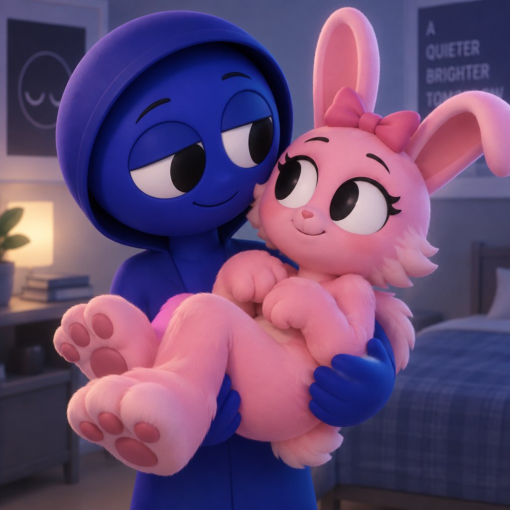 Pinki from Sprunki as her wererabbit self in Jevin from Sprunkis arms with her hands and feet being the stronger paws of her Wererabbit form