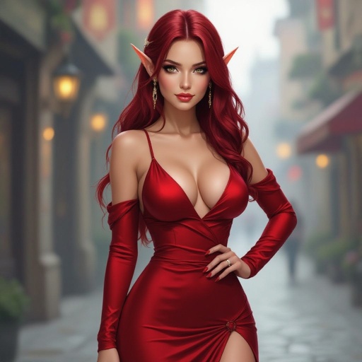 A dark red skinned female elf in a risqué dress 