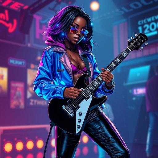 African American female cyberpunk with shoulder length hair in a layered side part style wearing a glowing blue jacket rose gold and purple shades and black jeans with black boots playing a Flying V electric guitar in a club