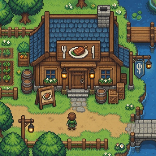 Small Restaurant wood for a modern fantasy game, exterior, top down style