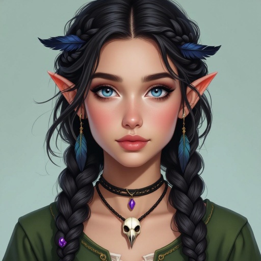 21 year old girl, half elf half Druid dark hair with black raven feathers throughout her hair sporadically but her hair is in messy braids she’s only about 5’2 and her outfit is green blue eyes, and her necklace is a small miniature bird skull with two purple gems for eyes more feather though hair