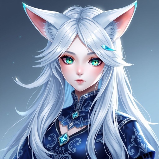 A pale teenage girl. Hair as white as snow with cyan tips, emerald eyes and small fox ears wearing mystic royal black top and trousers conducting ice (Russian themed)