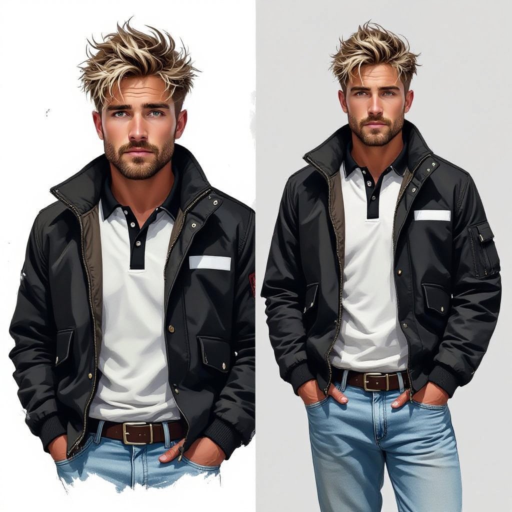 man with Dirty Blonde Unkempt Hair and Goatee. Astronaut Flight Jacket Black And White Polo and Light blue denim jeans with red sneakers