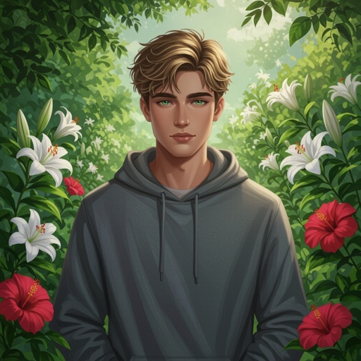 A 19-year-old young man standing in a lush garden filled with lilies and hibiscus flowers. He has short, tousled dirty blonde hair and striking green eyes laced with gray, as if wearing contacts. His skin is olive-toned, his face youthful but defined with a sharp jawline. He’s wearing a casual gray hoodie with his hands in his pockets, gazing off into the distance with a thoughtful, moody expression. Soft, cinematic lighting, realistic detail, slightly dramatic atmosphere.