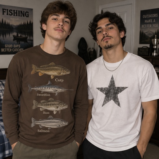 Carp Fish Swordfish Bass Fish Salmon Fish Print Brown Long Sleeves Shirt, Muscle Human, Male, Teen Boy, Brown Hair, Pencil Mustache & Black Brown Hair, White Star Shape Shirt, Teen Boy, Pencil Mustache, Goatee Beard