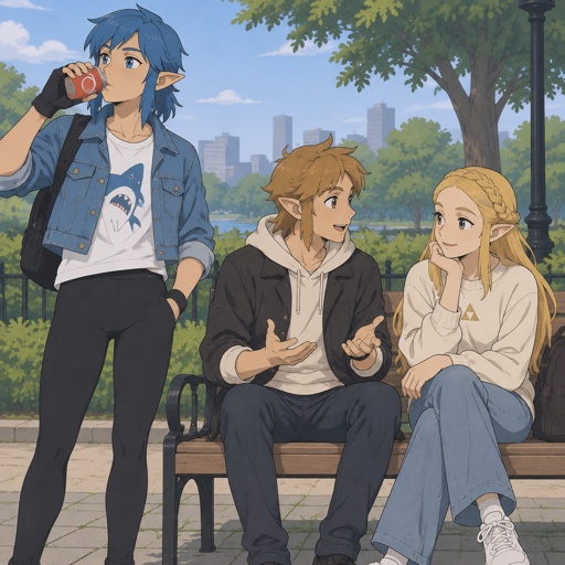 Link from legends of Zelda wearing modern clothes, Light rider from Fortnite, neck length blue hair, cropped jean jacket black leggings, tshirt with shark on it, gloves, squire from deceive inc wearing modern clothes, there at the park sitting on a bench and talking, link is standing drinking a soda 