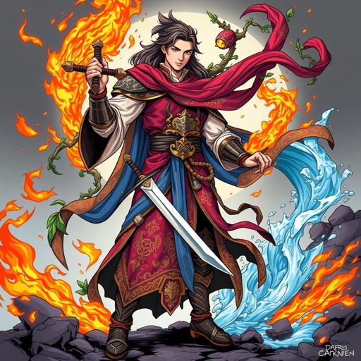 Age 18 male has nobility in his blood and he’s a master of the sword, fire, earth, and water magics