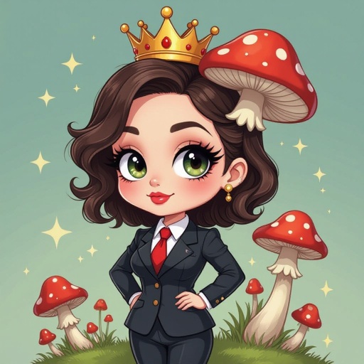 Create a chibi character mid 30’s lady who is in a suite with hands on waste