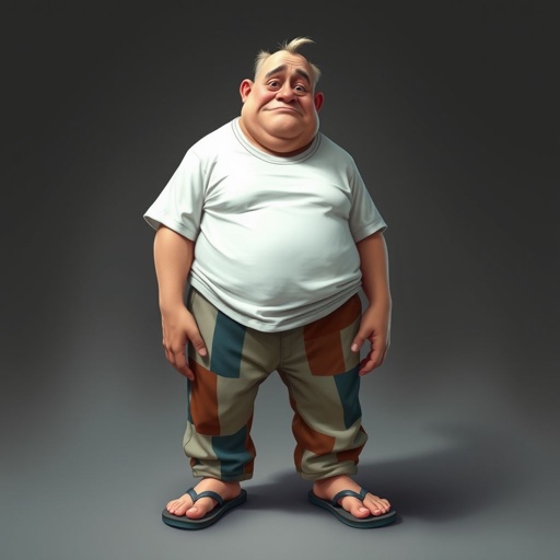Create a adult humor character who is lazy as heck. And you could tell from his face and his entire outfit. Make is funny and the style of the graphic photographic