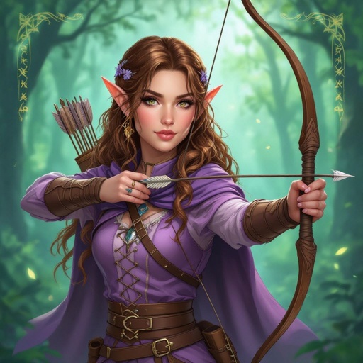 Beautiful female half elf ranger with honey brown hair and beautiful brown eyes with pastel purple clothes