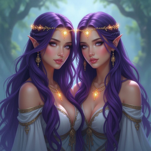 Twin female goddesses with long purple hair 