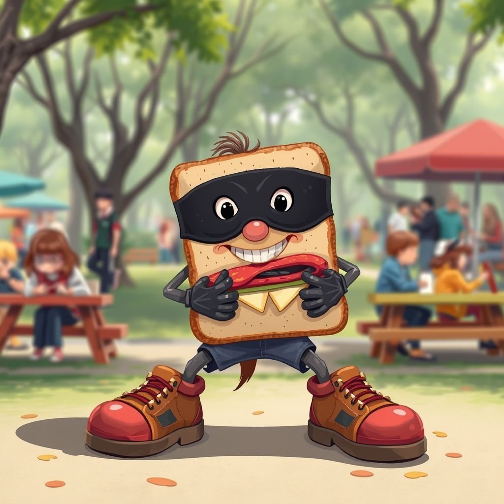 Create a funny looking clumsy sandwhich thief with funny shoes on. Make him have on the bandit black thing around his eyes
