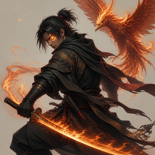 assassin with phoenix, sun mark on eye, fire katana 