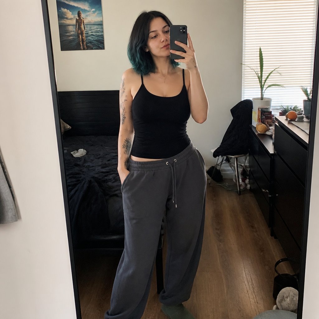 Adult girl with short black hair with teal tips wearing baggy sweatpants and a black tank top