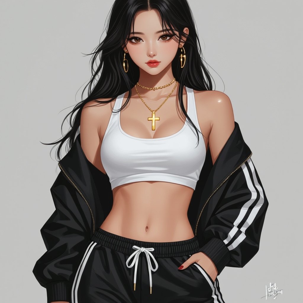 Korean girl with black and white pajama pants and white crop top over her stomach with a gold cross necklace and black hair with dark brown eyes
