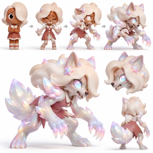 Ginger from dandy’s world turning into a opalite werewolf 