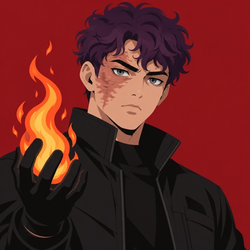 Male, short curly purple hair, burn scar on right cheek and under eye, grey eyes, black jacket, gloves, round face, holding fire