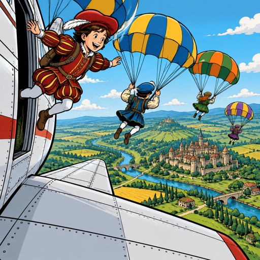 No print dots no speech bubbles vivid colours. I’m brightly coloured by plane is flying above the countryside. Children dressed in renaissance robes are jumping out with colorful, highly realistic point of view from the left of the plane so we see the wing and the parachutes.