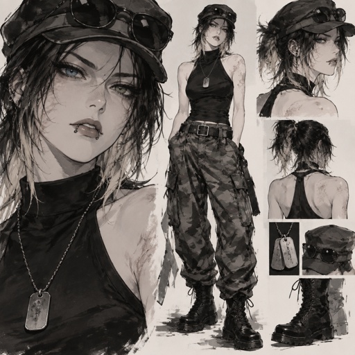 Female, 18, 5’6, black hair in a Korean wolf cut, bleached hair tips, pulled back bangs, one blue eye one green eye, fair skin, military dog tag on a chain necklace, black skin tight halter top, baggy camo pants, black combat boots, snake bit lip piercing, military uniform hat, a lot of old burn scars (faded and barely visable), an intimidating bitch face, sunglasses (black) propped on her cadet hat, a black belt, gangster vibes
