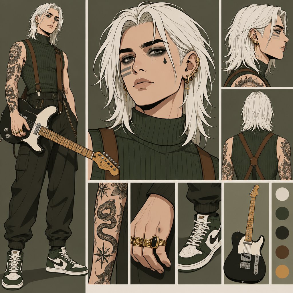 Male, shoulder length straight white hair, grey horizontal lines in hair, under eye mascara, multiple gold ear piercings, tear tattoo under eye, arm tattoos, multiple rings, sleeveless green turtle neck, brown suspenders, green tennis shoes, guitar