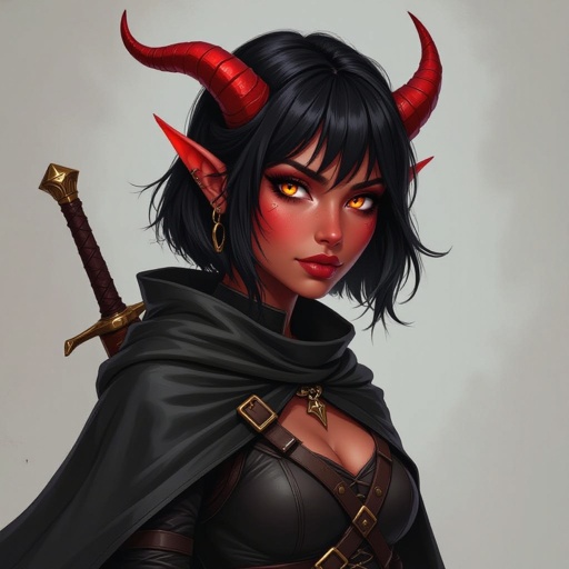 A female tiefling with short black hair in a bob cut with bangs has red skin and orange eyes, tiefling rogue, female tiefling, red skinned female, female with black hair, female with orange eyes, tiefling female, female rogue, dnd rogue, dnd female. MUST HAVE RED SKIN