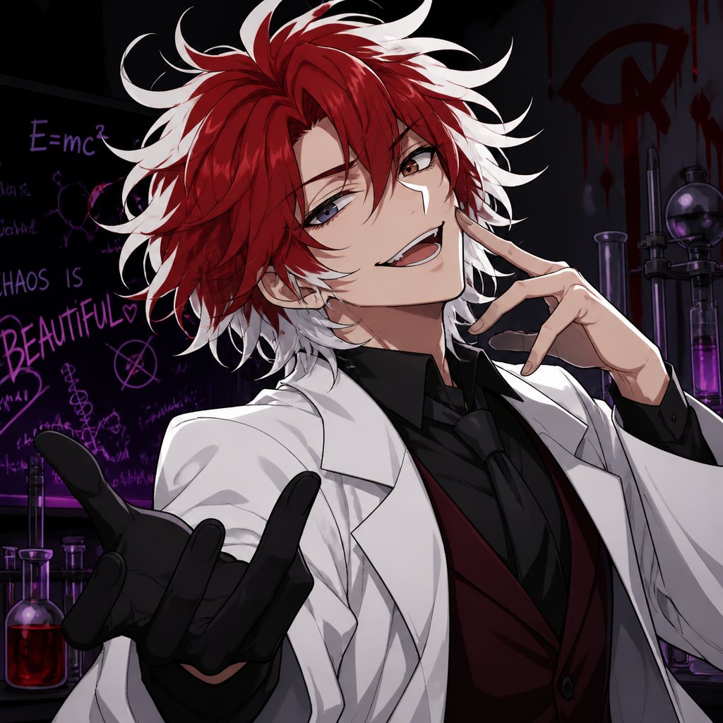 Villain mad scientists, lab coat,clean shaven,looks like a mess,very flirty, hair style called "I've never seen a hair brush in my life" messy Korean Perm Wavy Shag hair color is red with white tips would rather die than be saved by the hero, "I don't need one for I AM a weapon of mass destruction, likes to mess with the hero teasing her, has invented machines that lead to portals ,two different eye colors one brown one bright blue