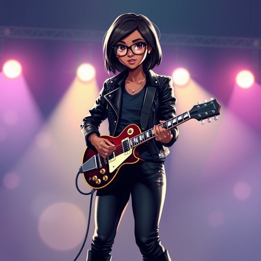 A young African American female wearing glasses with chin length hair in a side part style wearing a sparkly black leather jacket a dark blue shirt black jeans black boots playing a Les Paul style guitar in a club