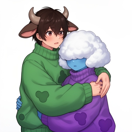 Two characters hugging wearing matching sweaters. The boy has a green one and the girl has a purple one. The boy has dark brown hair, small horns and cute cow ears. He is a little taller than the girl and usually has a blank expression but blushes around her( he is also wearing jeans) the girl is wearing a matching purple sweater ( both are oversized) , her skin is blue with purple patches and she has a soft cloud shaped poof of white hair that covers her eyes. She is also wearing black leggings and purple leg warmers 