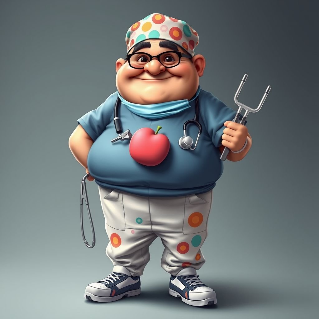 create a fat doctor. Who is funny human looking from head to toe. And he always immediately results to surgery for anything even small things. So please be sure to show his whole outfit head to toe. Make him have butt tooth