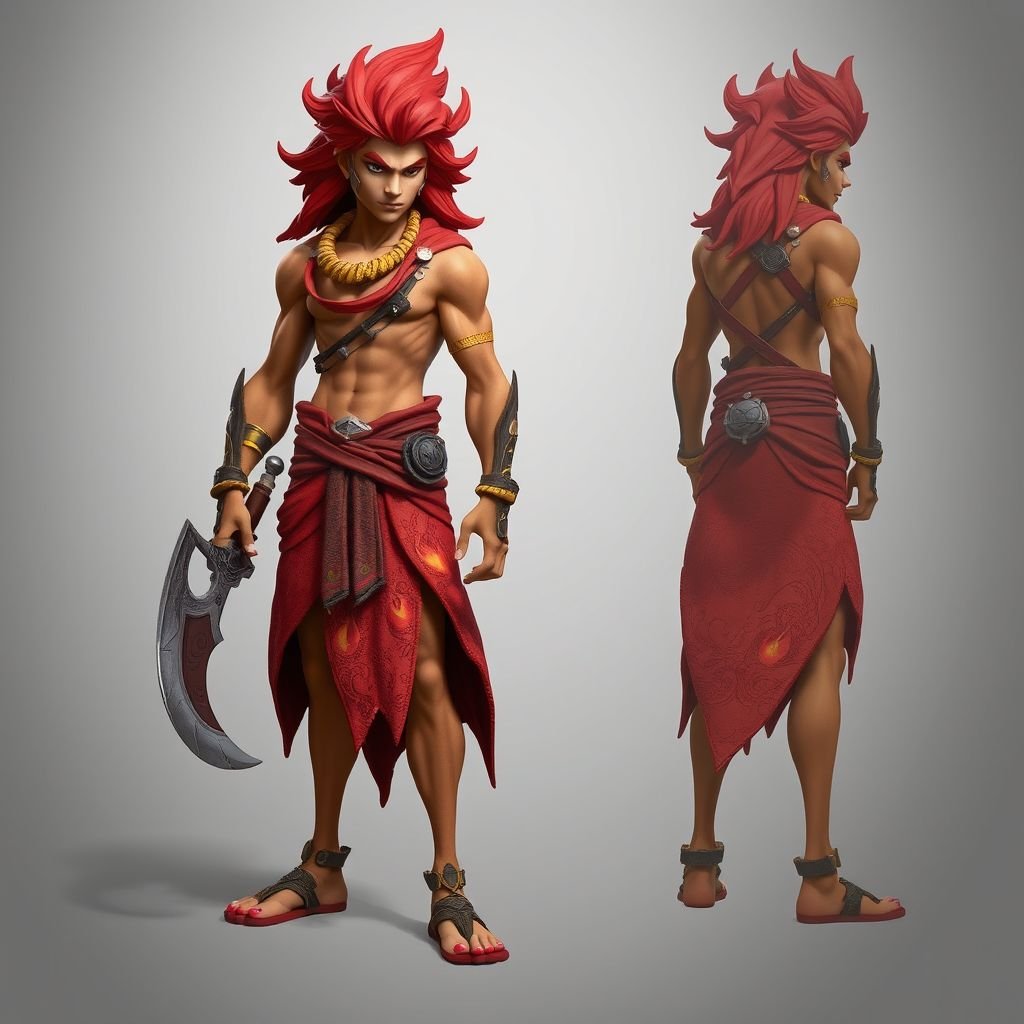 Create handsome hero Rhen the Fire-Singer – A lean, muscular man. His hair is a wild mane of deep crimson. He wears layered, flowing desert robes dyed in warm reds and golds, with scorch marks where flames have licked them. A curved blade hangs at his hip. Show her whole body head to toe including her shoes.