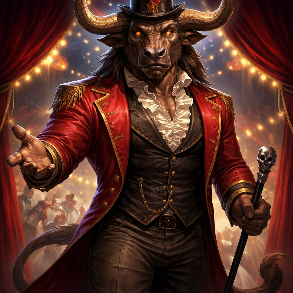 A male Minotaur that’s 6 1/2 feet tall. His face was brachycephalic with a mixture between Cretan bull and a human with deep set bovine like brown eyes. On his Head were large powerful gleaming curved horns like his fathers. He has a well~proportioned figure/body and a long tail, with his skin/fur a captivating Taupe color. He works at freak show as the ringmaster. His outfit consists of a crimson tailcoat, frilly shirt, stunning blazer, pants and top hat. His abilities are Reality Rejection, Time Manipulation (Chronokineses), Zoolingualism (Language of Cattle only), Human Speech.