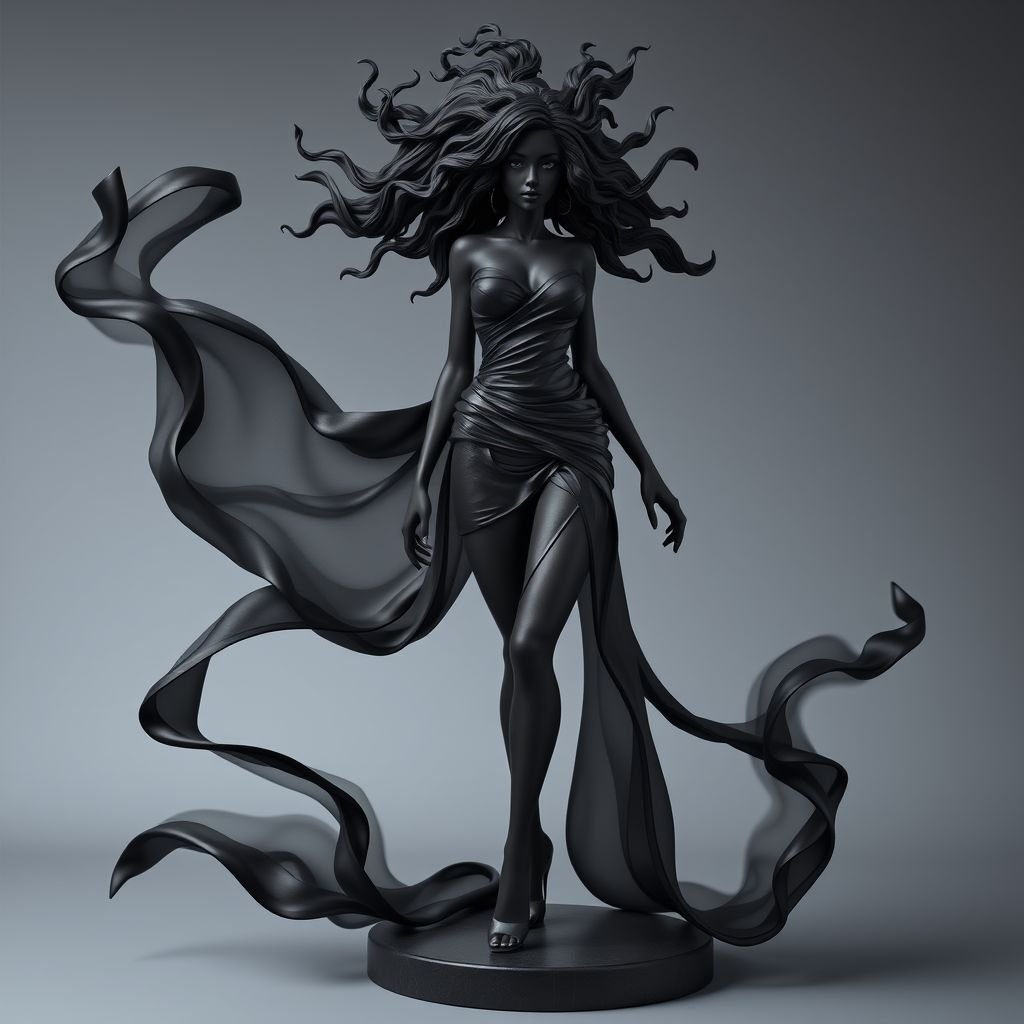 Create character hero Veyra of Shadows – A lithe, mysterious black woman draped in layered black silks that move like smoke around her. With jet-black hair. Show her whole body head to toe including her shoes.