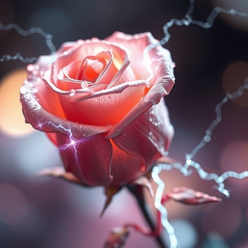 A rose gold colored rose with lightning in the petals