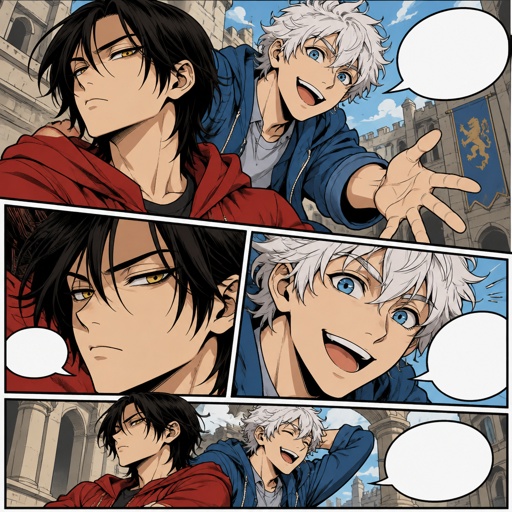 Male, Asian, neck length black hair, yellow eyes, eyeliner, wears red casual clothes, small mouth, male, fluffy white hair, big blue eyes, long smile, snobby, wears blue, the Asian guys name is Po, the white haired males name is Klouse