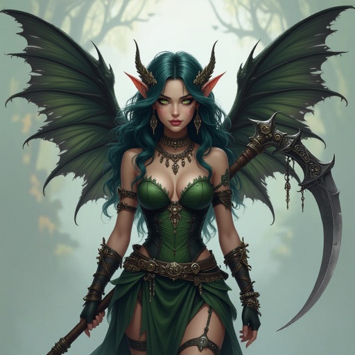 Dark pixie with big wings, wavy hair with green highlights, lots of jewelry, holding scythe