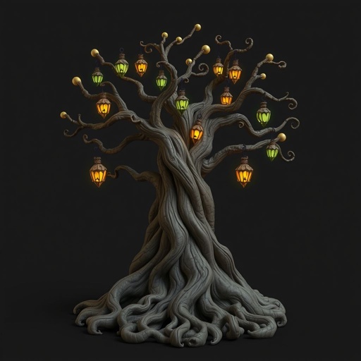 Give me a image of a dark  magic tree, with roots in the bottom