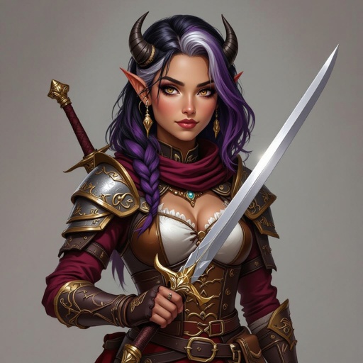 Larissa is a teething bard with a sage background. She has medium armor uses a short sword. She’s about 5 foot 10 has black purple hair with a single silver streak on the left side. She has gold eyes. She likes leather, red and copper. Her skin is brown. Her horns are small and she wraps her hair around them to hide her horns