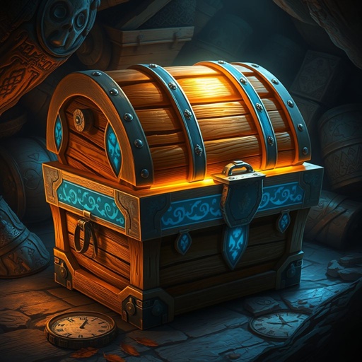 Closed and glowing wooden treasure chest with blue banding sitting on cave floor