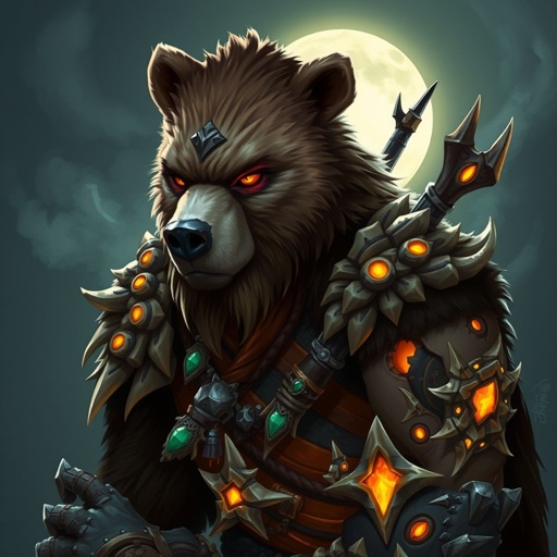 BearFolk barbarian with brown fur and amber color eyes, super strange