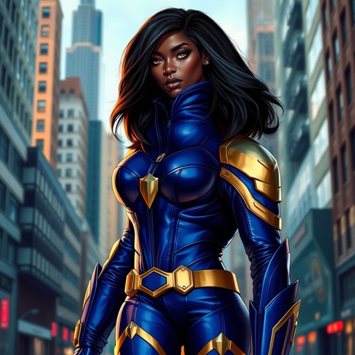 African American female superhero with hair  in a shoulder length side part hairstyle with pure Gold Glowing eyes wearing  slightly armored royal blue and gold accented suit with royal blue pants and gold knee length boots with a utility belt with a gold V  as her chest emblem in Philadelphia 