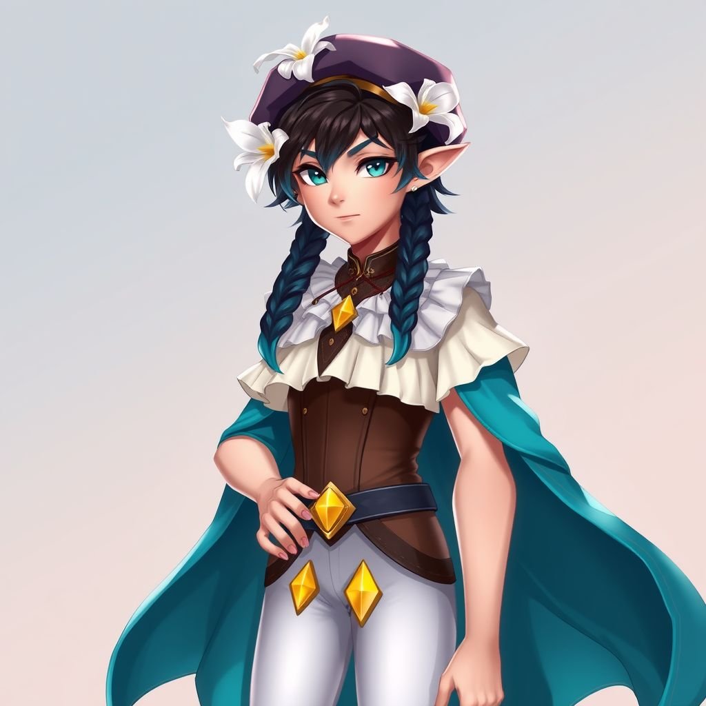 Young slender male dressed as a bard, fair skin, vibrant aqua green eyes, short black-ish hair with two short twin braids that fade into aqua blue tips. Frilly white top with corset-like leather midsection, teal cape. White stockings with three yellow diamonds and a beret-like hat adorned with a white lily