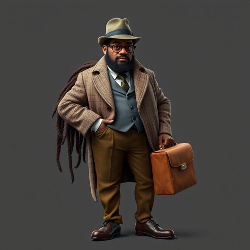 Create a funny serious fat character similar to Sherlock Holmes, but make him of black decent and with dread locks. Show his whole outfit including his shoes.